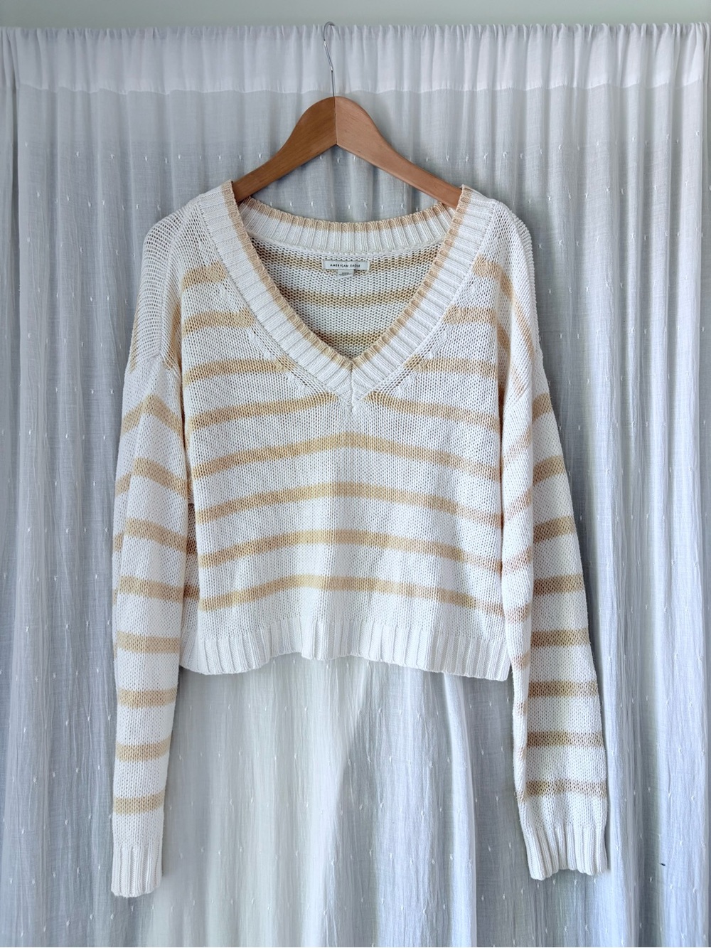 American Eagle Outfitters Cream & Beige Striped V-Neck Sweater